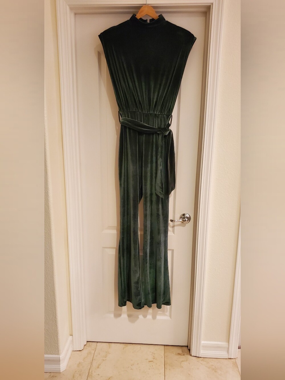 PrettyLittleThing Forest Green Velvet High-Neck Wide-Leg Jumpsuit